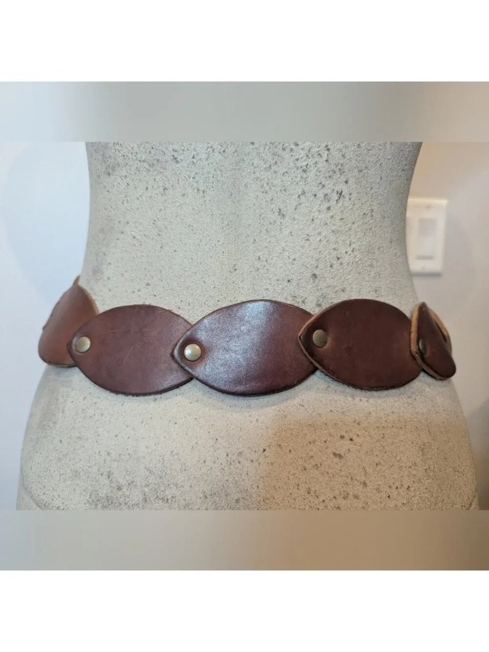 Vintage Leather disk rivet belt with brass metal buckle boho western 39.5